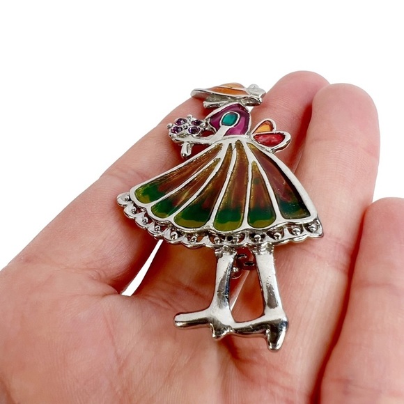 Silver Tone & Enamel Stained Glass Garden Party Lady Brooch Pin - Picture 2 of 7